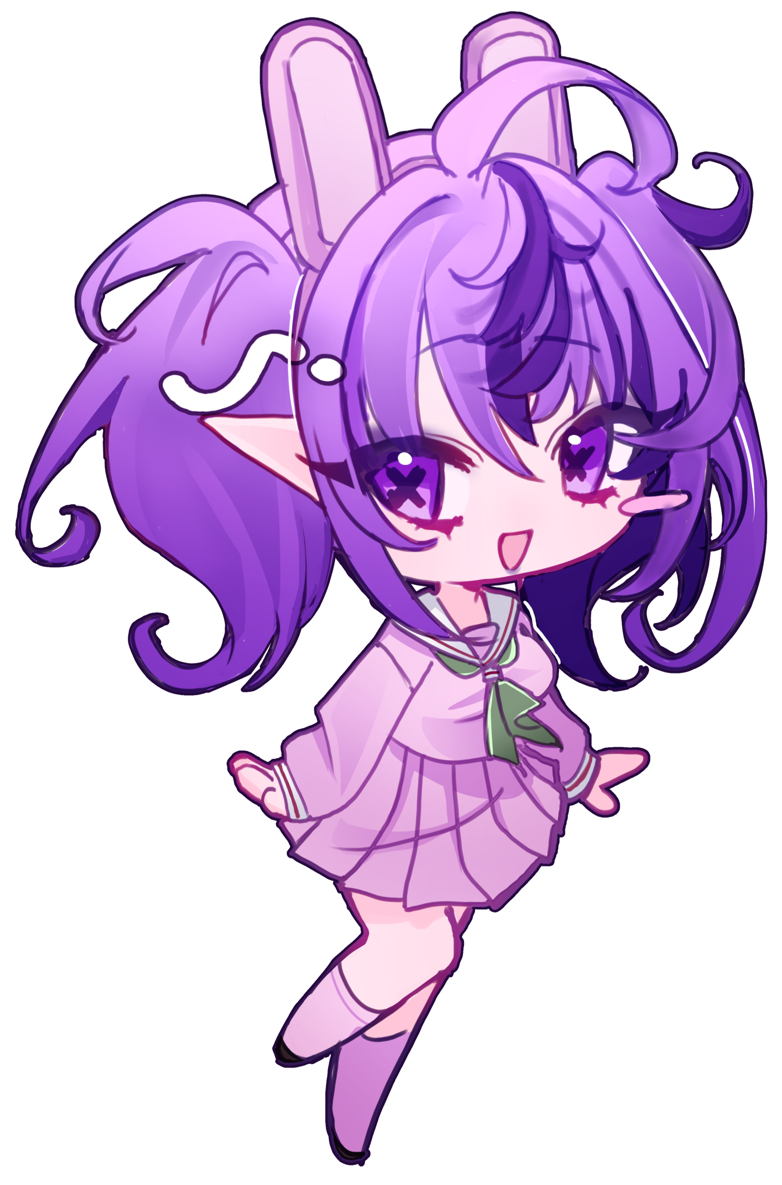 artwork of Spoonie, a Vtuber with purple and black hair, pointed ears. they are dressed as in the pink bunny outfit from silent hill f