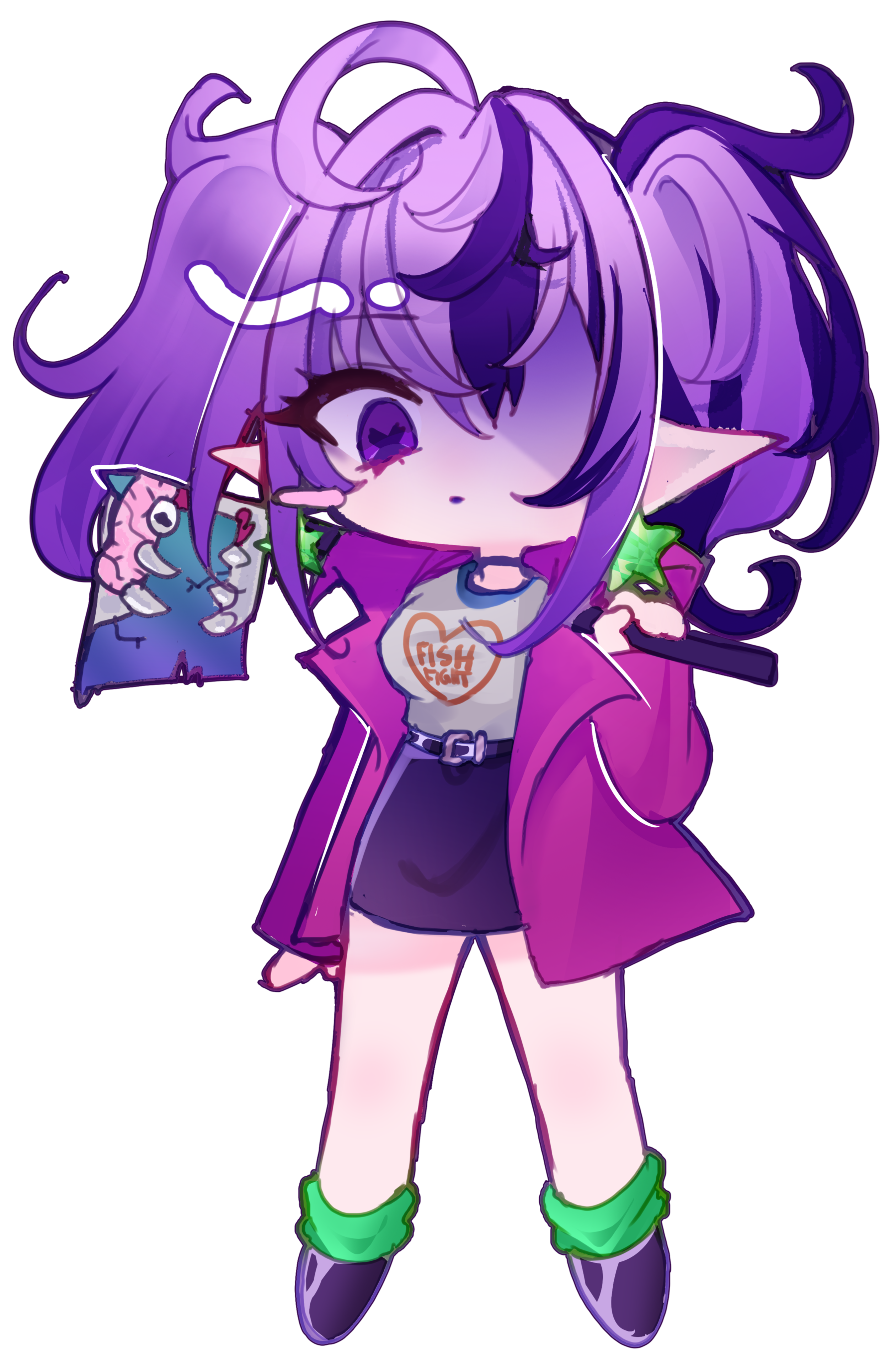 artwork of Spoonie, a Vtuber with purple and black hair, pointed ears. they are dressed as michelle from the game sorry we're closed